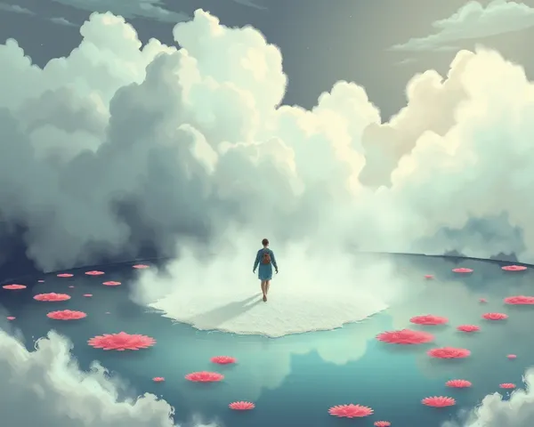 Surreal Person Floating on Powder Pond Clouds