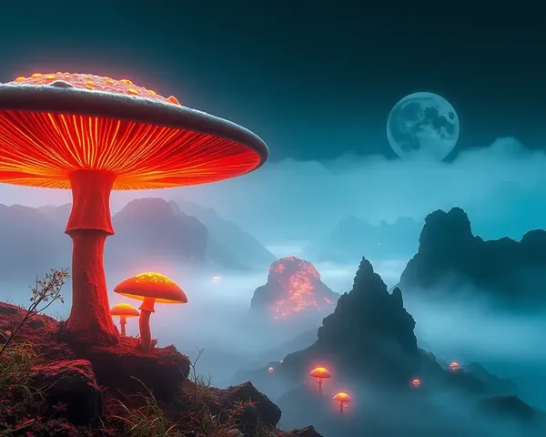 Surreal Pital Bartan Dreamscape with Glowing Mushrooms PNG