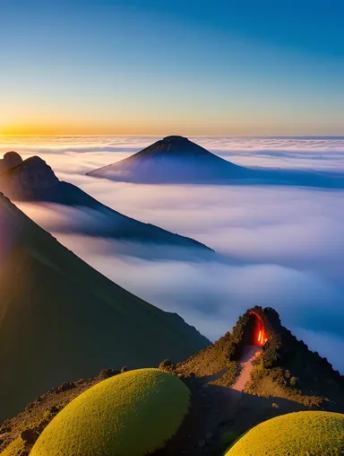 Surreal Scene of Extinct Volcano with Fog and Glowing Mushrooms