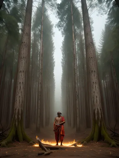 Surreal Virabhadra in Dark Forest with Glowing Eyes