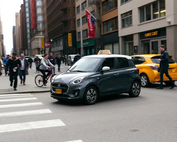 Swift Car Amidst Busy City Street with Yellow Taxi