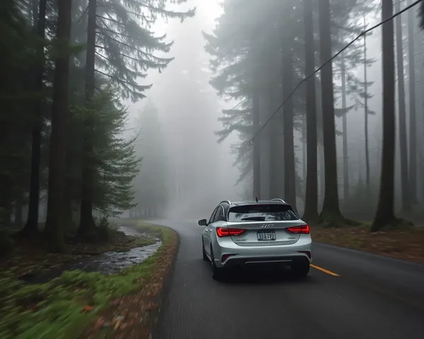 Swift Car Drives Through Dense Forest with Misty Fog