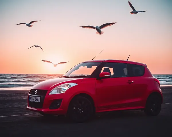 Swift Car Parked on Beach with Sunset Ocean View