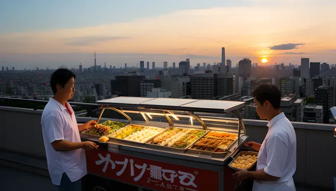 Taki Takoyaki Vendor Serves Customer Under Tokyo Sunset