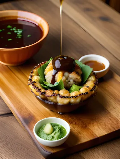 Takoyaki Dish with Vegetables Soy Sauce and Wasabi Images.