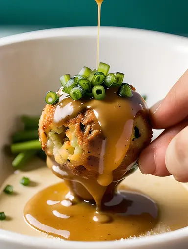 Takoyaki Filling Revealed with Green Onions and Sauce Images.