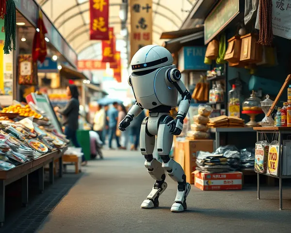 Tarazu Robot Examines Wares in Bustling Marketplace with Stiff Legs