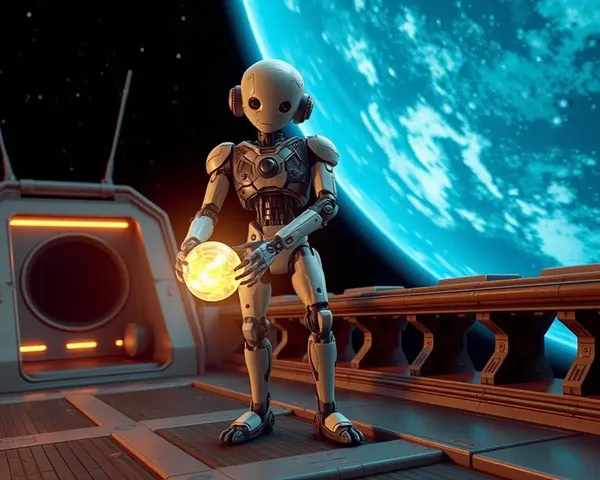 Tarazu Robot Returns Home with Glowing Artifact on Spaceship Deck