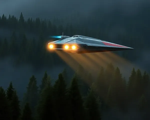 Tarazu Spaceship Descends Upon Alien Landscape with Illuminated Lights
