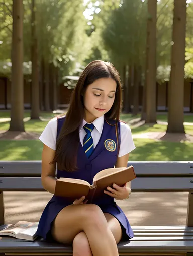Thoughtful School Girl in Brown Uniform in Quiet Courtyard