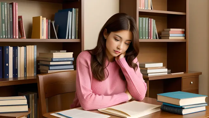 Thoughtful School Girl with Pencil and Books