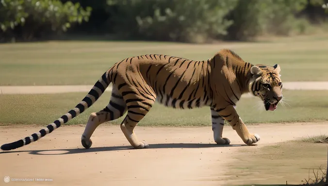 Tigon Stalks Prey with Ears Perked and Tail Twitching