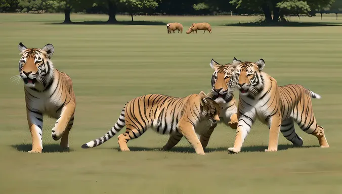 Tigons Play and Wrestle in Lush Green Meadow