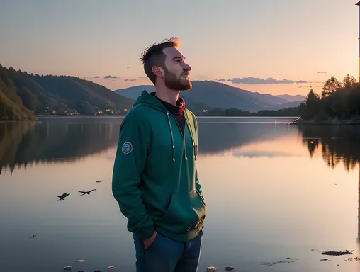 Tim Wilson Gazing Out at Sunset Lake Reflection