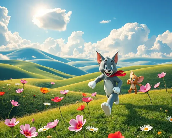 Tom and Jerry Chase Through Dreamlike Landscape in 3D Wallpaper