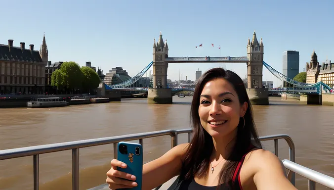 Tourist Selfie in Front of London Bridge