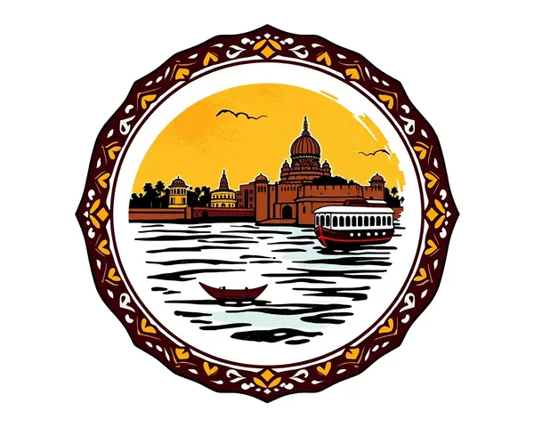 Traditional Ayodhya Art School Logo with Ganges River Ghats