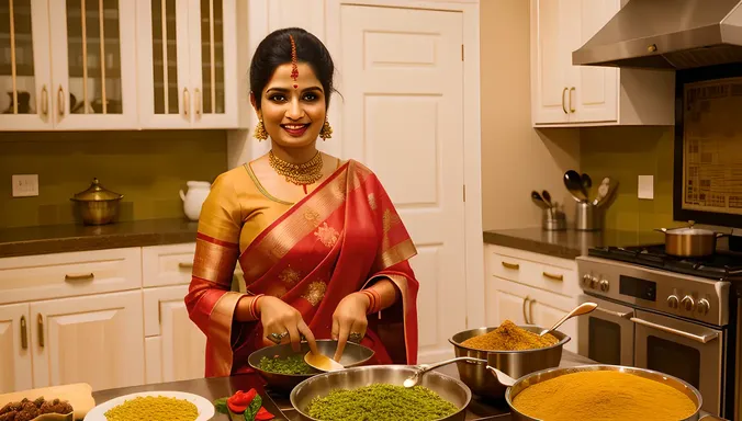 Traditional Bhabhi Cooking with Spices and Utensils