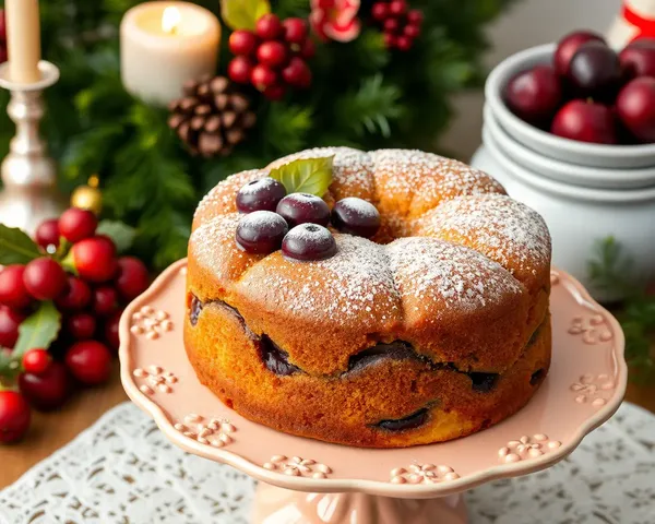 Traditional German Plum Cake with Powdered Sugar and Ceramic Stand