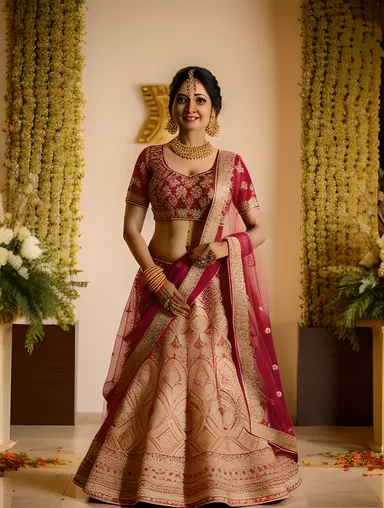Traditional Indian Aunty in Elegant Lehenga at Family Wedding