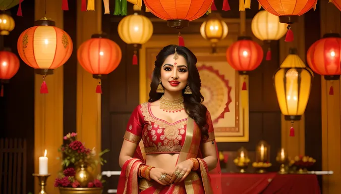 Traditional Indian Festival Decoration with Bhabhi in Sari