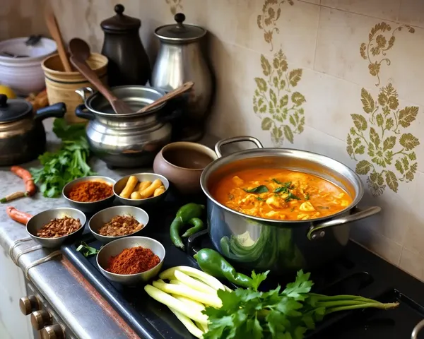 Traditional Indian Kitchen with Simmering Naspathi Curry