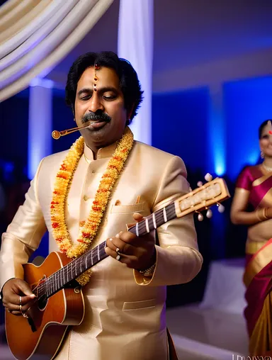 Traditional Indian Musician Plays Shehnai at Vibrant Wedding Ceremony