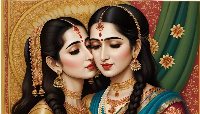 Traditional Radha Krishna Kiss Amidst Intricate Patterns