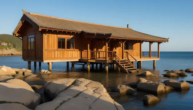 Traditional Stilt House with Curved Roof and Chimney
