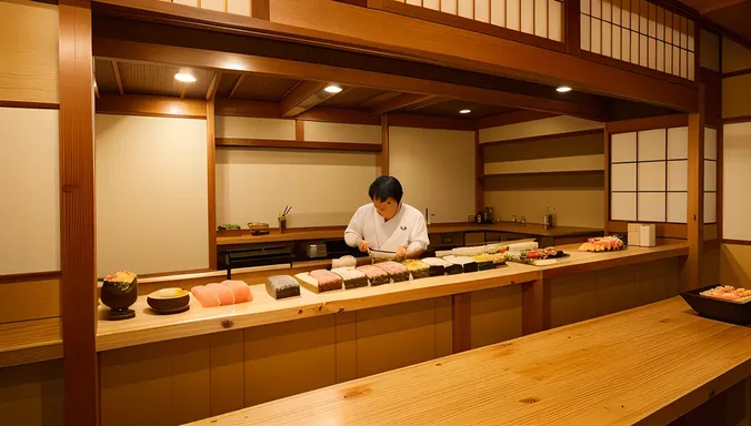 Traditional Sushi Bar Made from Plywood with Expert Chef