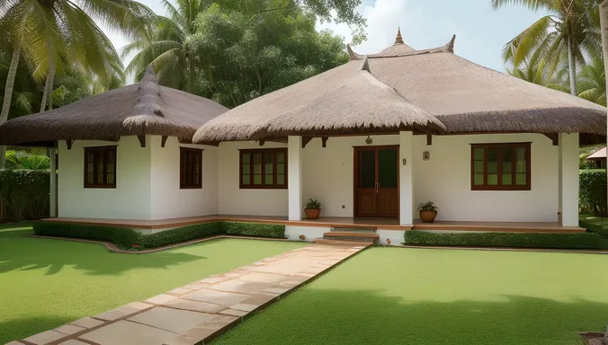 Traditional Tamilian House with Thatched Roof and Lush Garden