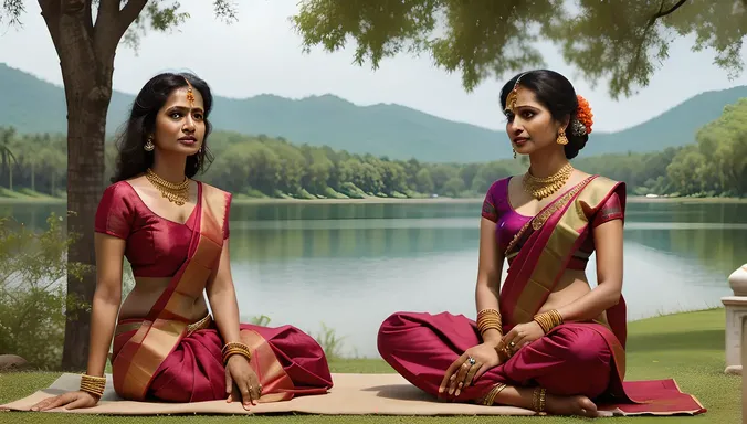 Traditional Tamilian Woman in Serene Landscape with Ancient Temple