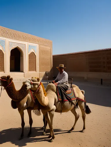Travelers Explore Historic Silk Road City of Bukhara with Camels