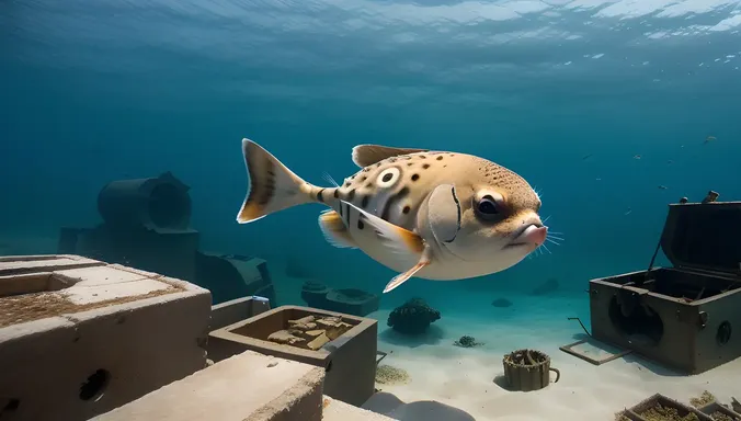 Treasure-Hunting Puffer Fish Exploring Sunken Shipwreck