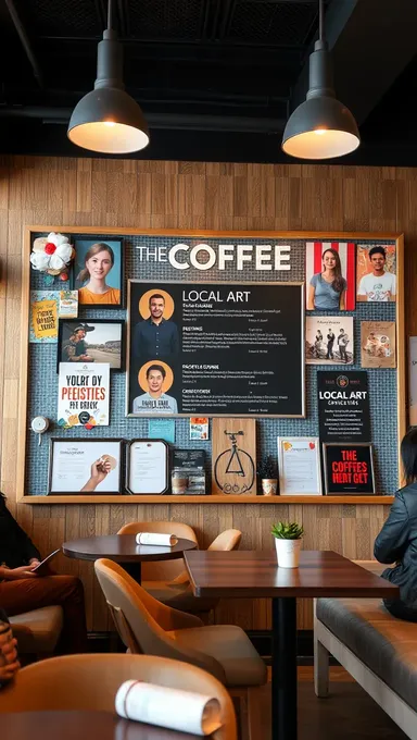 Trendy Coffee Shop with Local Art and Promotions