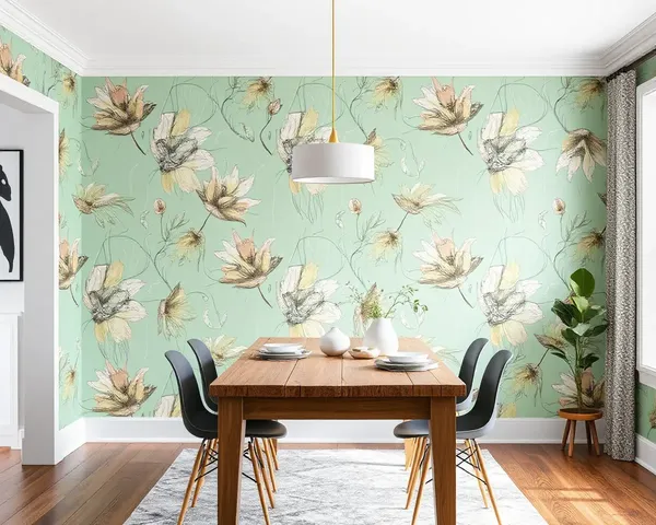 Trendy Dining Room with Bold Mint Green Abstract Wallpaper