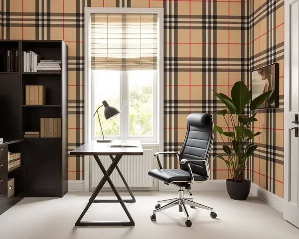 Trendy Home Office with Graphic Burberry Wallpaper