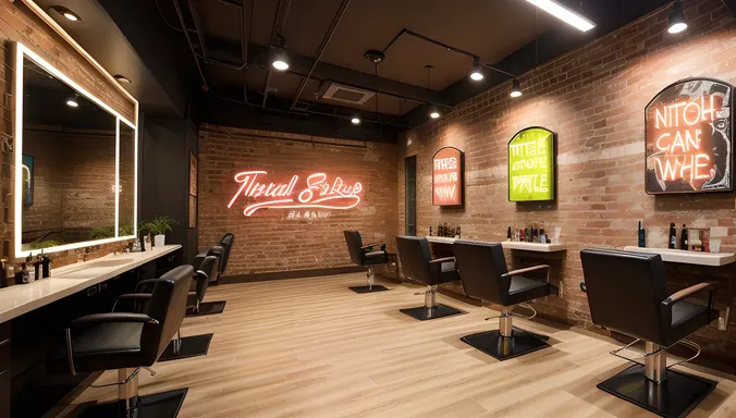 Trendy Ladies Salon with Neon Lights and Exposed Brick Walls