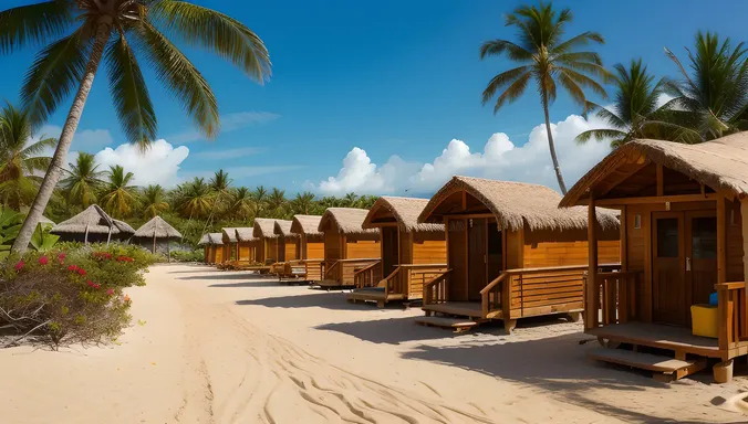 Tropical Beach Hostel Background with Palm Trees and Colorful Huts