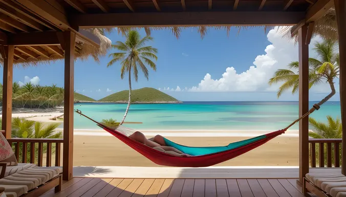 Tropical Stilt House with Palm Trees and Hammock