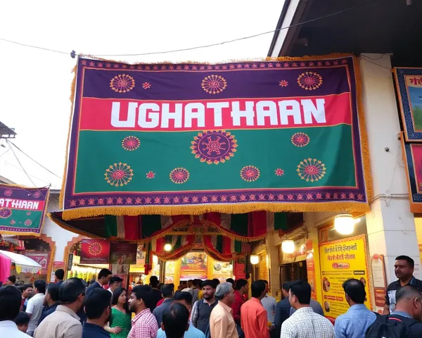 Udghatan Banner in Bustling Marketplace