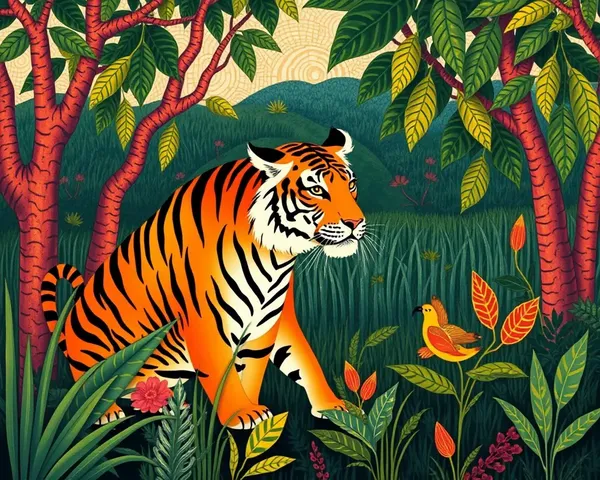 Unique Tiger Jungle Madhubani-Inspired Wallpaper Design