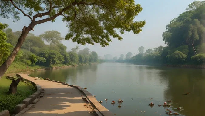 Varahamihira on Ganges River Banks with Lotus Flowers and Ancient Trees
