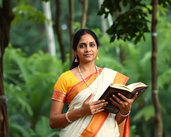 Varsha Holds Sacred Book, Shraddha Patrika, in Lush Green Forest