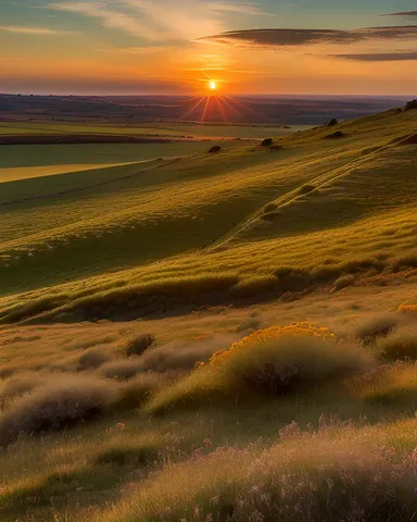 Vast Grassland Panorama at Sunset's Golden Hour