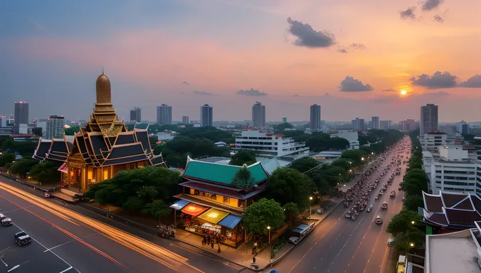 Vibrant Bangkok Streets with Ornate Temples and Street Vendors