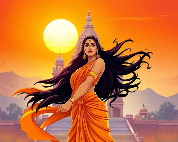 Vibrant Bharat Mata with Sunset Temple Illustration