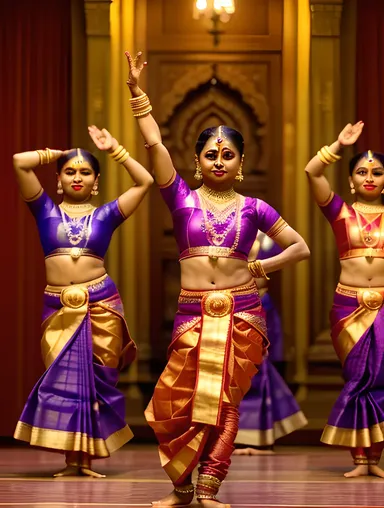 Vibrant Bharatanatyam Dancers Perform Traditional Dance Sequence