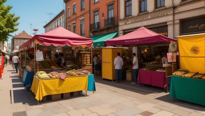 Vibrant City Market Hostel Background with Colorful Stalls and Crowd