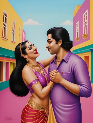 Vibrant City Radha and Krishna's Playful Kiss